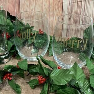 Christmas Holly Decor Merry Jolly Glasses Candle Holders Tablescape Lot